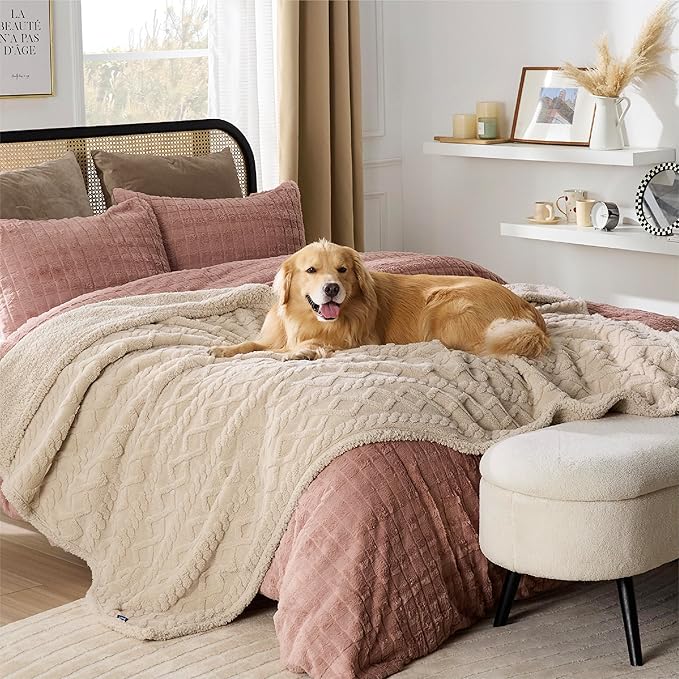 Bedsure Waterproof Dog Blankets for Bed - Pet Blanket for Bed Couch Protector Washable, Jacquard Coral Fleece Cat Throw Blanket, Soft Plush Reversible Furniture Protection, King, 86x108, Cream
