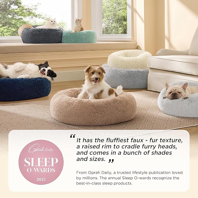 Bedsure Calming Dog Bed for Large Dogs - Donut Washable Large Pet Bed, 36 inches Anti-Slip Round Fluffy Plush Faux Fur Dog Bed, Fits up to 80 lbs Pets, Pale Grey