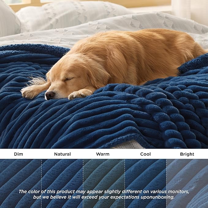 Bedsure ComfyFleece™ Waterproof Dog Blankets for Medium Dogs - Soft Puppy Cat Blanket Corduroy Fleece Washable, Cozy Calming Reversible Furniture Protection for Pet Kitten Doggy,30"x40", Navy Blue