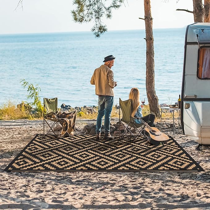 GENIMO Outdoor Rug 4x6 Waterproof, Reversible Mats, Outdoor Area Rug, Plastic Outside Carpet, Eeometric Rv Mat for Patio Camping Rv Picnic Backyard Deck Balcony Porch Beach Trailer (Black & Brown)
