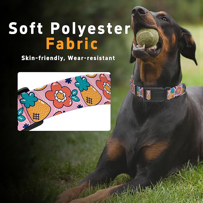 Dog Collar, Cute Cartoon Fruit Boys Girls Puppy Collar for Small Medium Large Dogs, Adjustable Soft Pet Collar with Safety Buckle for Male Females(Pink Cartoon, L)