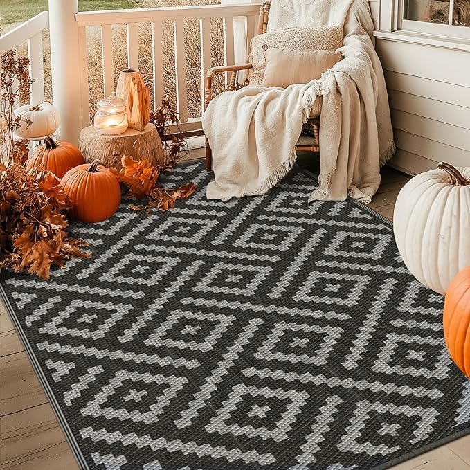 GENIMO Outdoor Rugs 8x10 Waterproof, Reversible Mats, Area Plastic Straw Rug, Outside Carpet, Geometric Rv Mat for Patio Camping Rv Picnic Backyard Deck Balcony Porch Beach Trailer (Black & Grey)