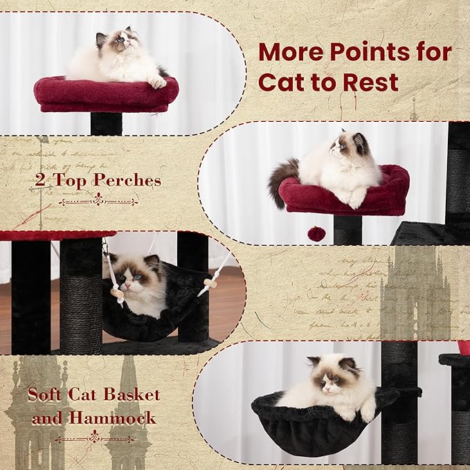 Cat Tree for Indoor Cats, 71'' (180cm) Multi-Level Cat Tower for Large Adult, Gothic Sturdy Cat Tree House with 2 Scratching Boards 7 Posts, 2 Plush Perches/Condos, Hammock, Black GCT032BR