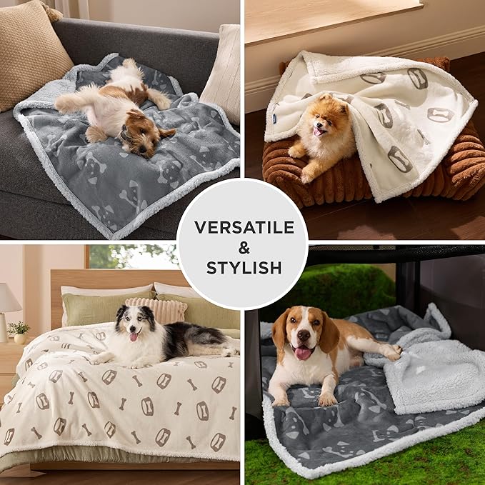 Bedsure Waterproof Dog Blankets for Large Dogs - Soft Print Sherpa Fleece Pet Cat Blanket Washable for Couch Bed Protection, Cozy Plush Reversible Throw Furniture Protector, 50"x60", Beige