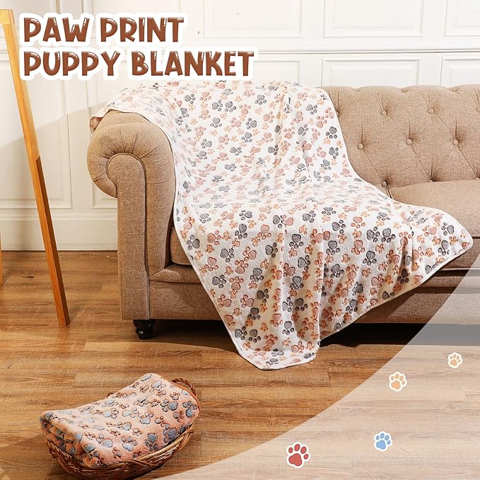 Tatuo 4 Pcs Dog Blanket for Pet Cat Blankets Indoor Puppy Teething Stuff Toys Paw Print Fleece Soft Blanket Sleep Mat for Guinea Pig Cage(White, Coffee, Pink, Purple,XX-Large(40 x 63 Inch),Square)