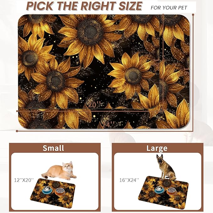 Sunflower Vintage Pet Feeding Mat,Absorbent Quick-Dry Cat Dog Food and Water Bowl Mats, Non-Slip Rubber Backing Mat,Cat Dog Accessories Supplies 16"x24"