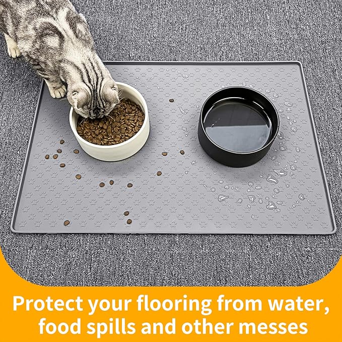 Ptlom Pet Placemat for Dog and Cat, Mat for Prevent Food and Water Overflow, Suitable for Small, Medium and Big Pet,24.5" 16.5", Grey