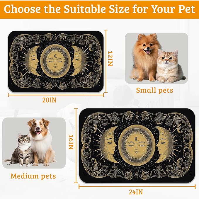 Dog Bowl Mat,Moon Sun Pet Feeding Mat for Floors Waterproof,Boho Vintage Absorbent Dogs Placemat for Food and Water Quick Dry Pet Cat Feeding Mats with Non Slip Bottom 12" x 20"