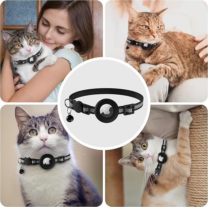 Vanjua 2 Pack Airtag Cat Collar Breakaway with Bell, Reflective Kitten Collar with Air Tag Cat Collar Holder Case for Girl Boy Cats, Pet Supplies Accessories (Black A+Blue A)