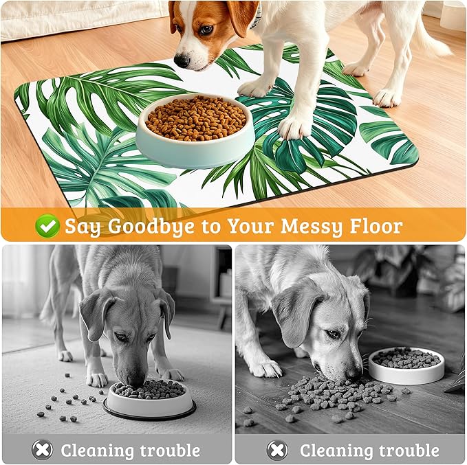 Dog Bowl Mat,Leaves Pet Feeding Mat for Floors Waterproof,Tropical Palm Absorbent Dogs Placemat for Food and Water Quick Dry Pet Cat Feeding Mats with Non Slip Bottom 16" x 24"