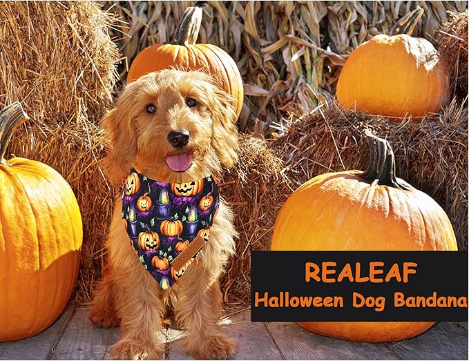 Realeaf Halloween Dog Bandanas 2 Pack, Pumpkins and Ghosts Pet Scarf for Boy and Girl, Premium Durable Fabric, Holiday Bandana for Medium and Large Dogs Pets (Large)