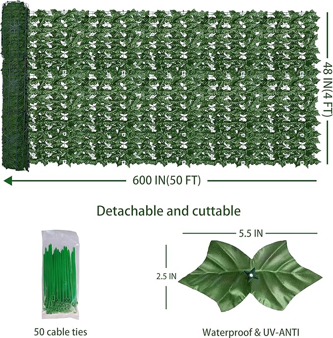 Artificial Fence Privacy Screen: 4FT x 50FT UV-Anti Faux Greenery Backdrop Ivy Chain Link Shades Panels for Patio, Balcony, Garden,Deck,Backyard Indoor Outdoor Green Wall Decor