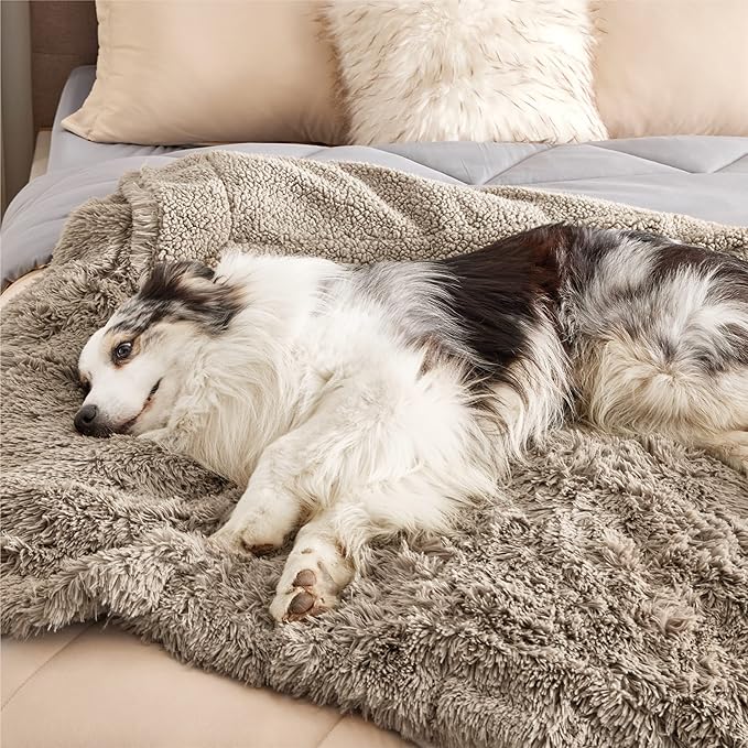 Bedsure Waterproof Dog Blankets for Large Dogs - Calming Cat Blanket for Couch Protector Washable, Long Faux Fur Pet Throw Blanket for Puppy, Reversible Furniture Protection, 50"x60", Brown