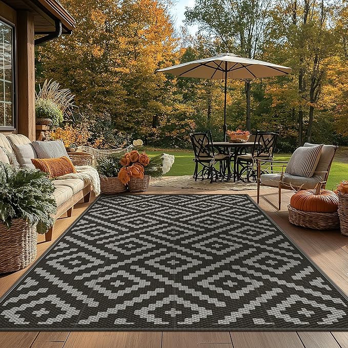 GENIMO Outdoor Rug for Patio Clearance,5'x8' Waterproof Mat,Reversible Plastic Camping Rugs,Rv,Porch,Deck,Camper,Balcony,Backyard,Black & Gray