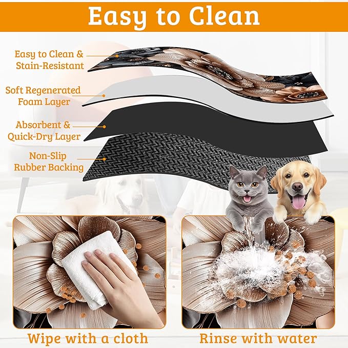 Black Brown Flower Feeding Mat,Artistic Absorbent Quick-Dry Cat Dog Food and Water Bowl Mats,Non-Slip Rubber Backing Mat,Cat Dog Accessories Supplies 12" x 20"
