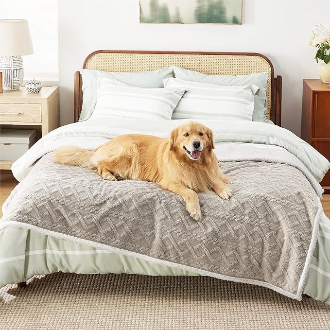 Bedsure Waterproof Dog Blankets for Bed - Pet Blanket for Bed Couch Protector Washable, Jacquard Coral Fleece Cat Throw Blanket, Soft Plush Reversible Furniture Protection, Queen, 86x90, Pale Oak