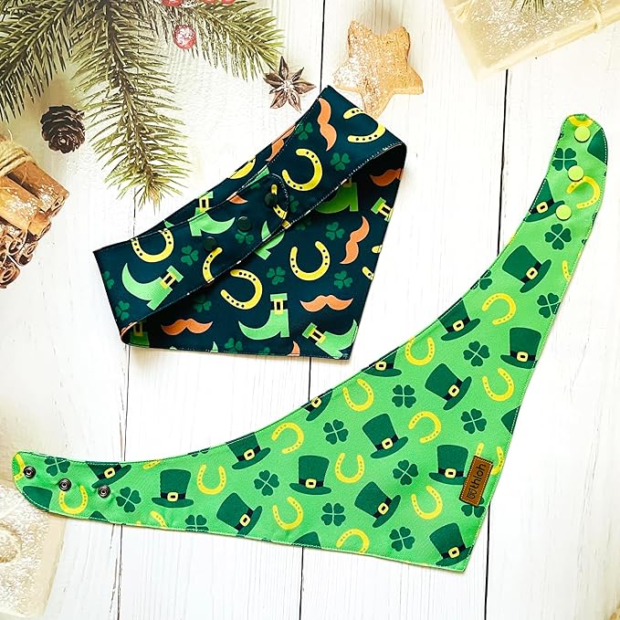 St. Patrick's Day Dog Bandanas with Snap Button, 2 Pack Reversible Shamrock Dog Scarf for Boy & Girl, Premium Durable Fabric, Gift for Dogs, Holiday Bandana for Small Dogs (Small)