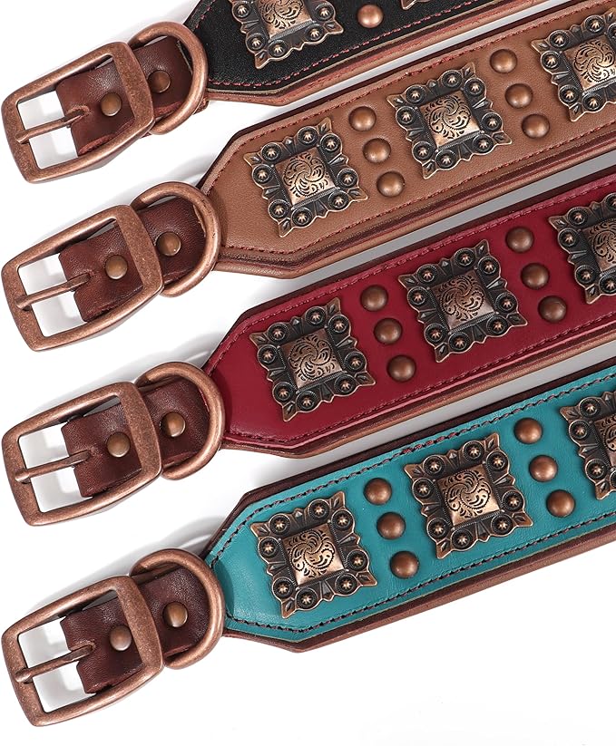 PET ARTIST Soft Padded Leather Dog Collar, 2 inch Wide Genuine Leather Dog Collars with Stylish Studded Rivet & Metal Buckle, Luxury & Adjustable Pet Collars for Medium Dogs,Red,Neck 16-19"