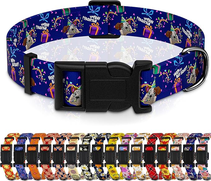 Dog Collar, Classical Birthday Gift Boys Girls Puppy Collar for Small Medium Large Dogs, Adjustable Soft Pet Collar with Safety Buckle for Male Females(Purple Birthday, XL)