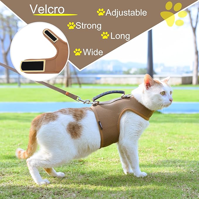 Kitty Harness and Leash for Walking Escape Proof Breathable Mesh Fabric, Solid Brown, Small, Adjustable Cat Walking Jackets with Handle, Padded Stylish Cat Vest