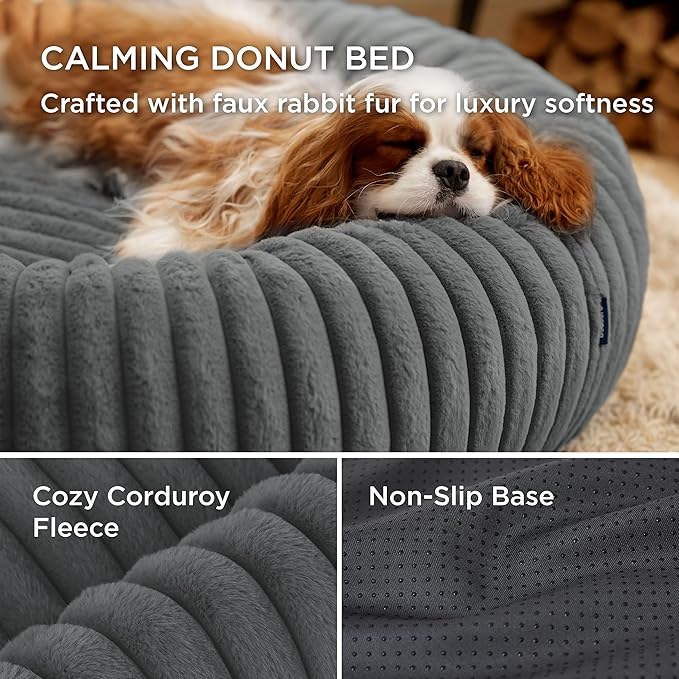 Bedsure ComfyFleece™ Donut Small Dog Bed - Dog Beds for Small Dogs with Corduroy Fleece & Anti Slip Bottom, Round Faux Fur Pet Beds with Washable Removable Cover, Warm Grey, 27x27x8 inches