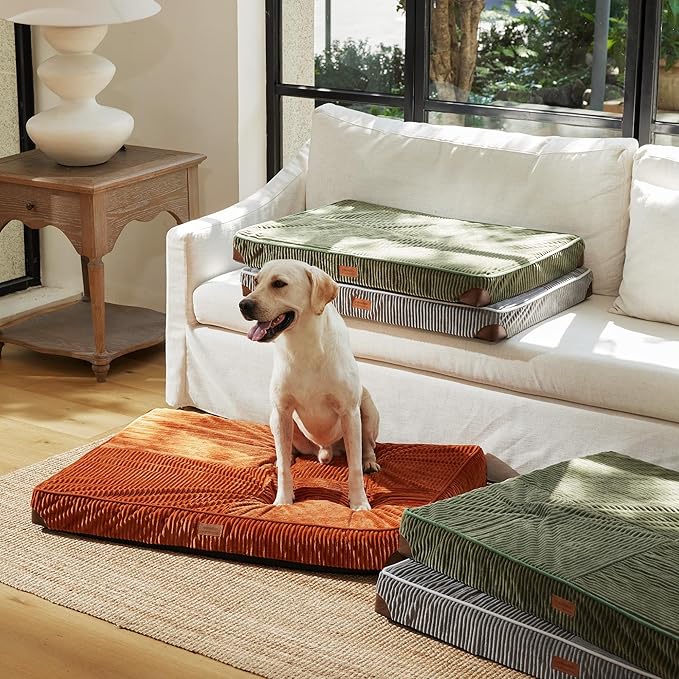 FUKUMARU Dog Bed, Thickened Corduroy Orthopedic Dog Beds with Washable Cover, Large Waterproof Dogs Bed for Crate, 28D Egg Crate Foam Support Pet Mat, Cozy Pet Bed Pad with Anti-Slip Bottom, Green