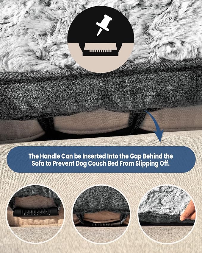 Calming Small Dog Bed for Couch, 35 x 31 inch Removable Couch Cover for Dogs Washable, Non-Slip Fluffy Plush Dog Sofa Mat for Furniture Protector - Grey