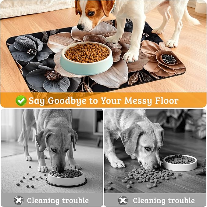 Black Brown Flower Feeding Mat,Artistic Absorbent Quick-Dry Cat Dog Food and Water Bowl Mats,Non-Slip Rubber Backing Mat,Cat Dog Accessories Supplies 16" x 24"