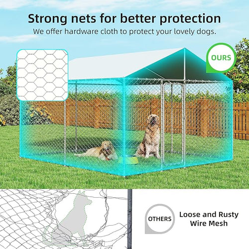 10'x10' Large Outdoor Dog Kennel, Heavy Duty Dog Enclosure with Roof, Weather Resistant Cover and Security Lock(124"x124")