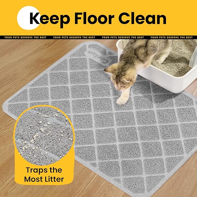 Cat Litter Mat Litter Trapping Mat, 24" x 17" Premium Durable PVC Grid Mesh with Scatter Control, Non-slip, Less Waste Cat Litter Box Mat, Grey 2 Pack
