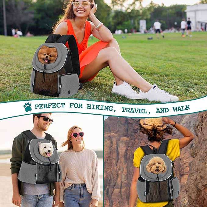 PetAmi Front Carrier Backpack for Dogs and Cats - Ventilated Adjustable Pet Chest Carrier for Hiking, Camping, Travel - Small to Medium Pets Up to 10 lbs - Grey