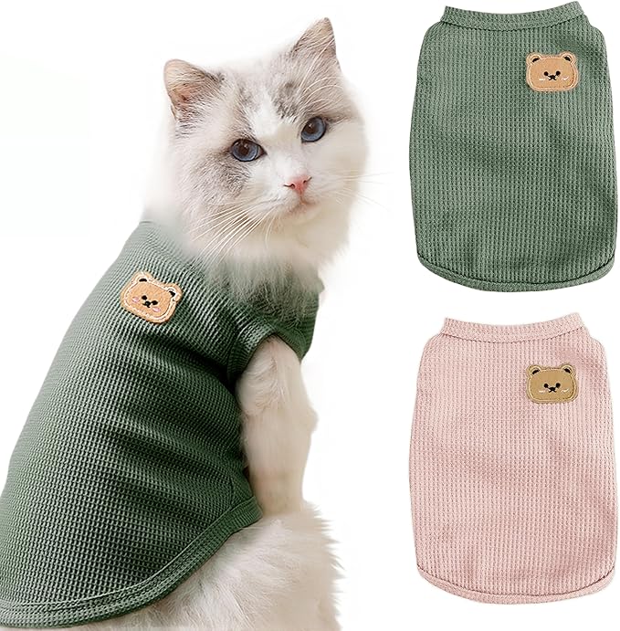 Waffle Knit Cat & Dog T Shirt for Small Dogs, Stretchable Puppy Shirt for Sphynx Cats & Small Breeds, Pet Clothes | Breathable Summer/Winter Apparel for Newborn(2PCS Small)