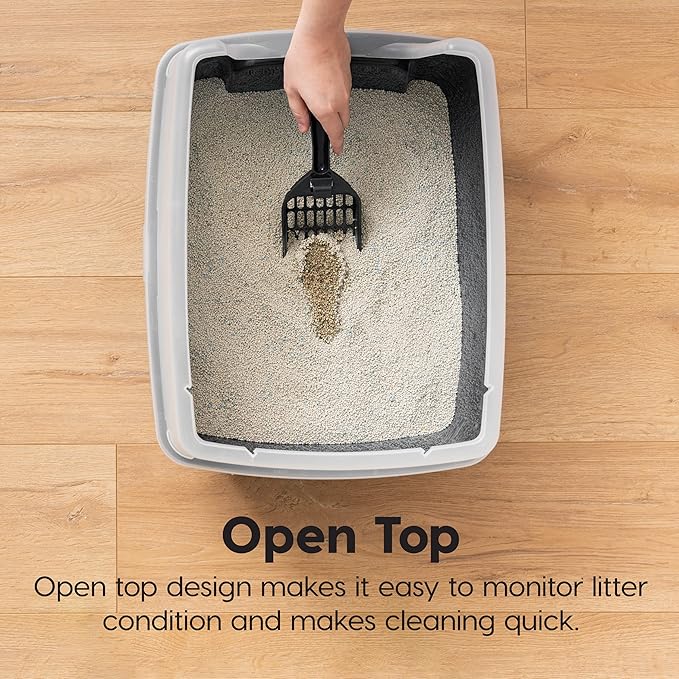 IRIS USA 2 Pack Large Open Top Cat Litter Box with High Sides, Scatter Shield & Scoop, Black, for Indoor Cats, Kittens or Multicat Homes