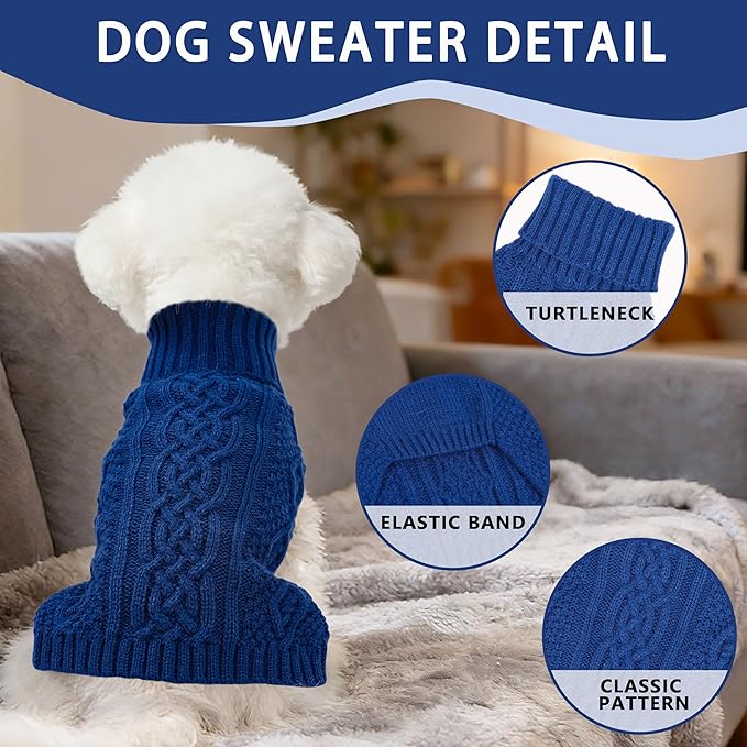Dog Sweaters Small Dog Clothes Winter Turtleneck Puppy Sweater Warm Pet Cat Sweater Doggy Pullover Outfit with Twisted Design XS~XL(Navy Blue, X-Large)
