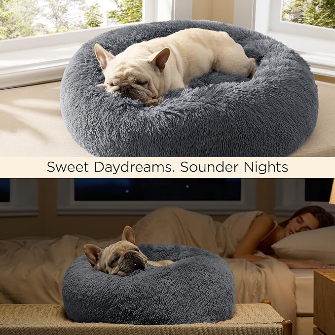 Bedsure Calming Dog Bed for Extra Large Dogs - Donut Washable Large Pet Bed, 45 inches Anti-Slip Round Fluffy Plush Faux Fur Dog Bed, Fits up to 120 lbs Pets, Dark Grey