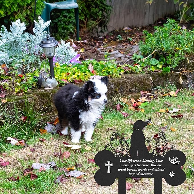 Dog Memorial Grave Stakes - Metal Black Flowers Loss Pets Cemetery Markers Decorations for Humans Butterfly Lover Plaques Decor for Outdoor Yard Custom Bone Sympathy Garden Remembrance Signs