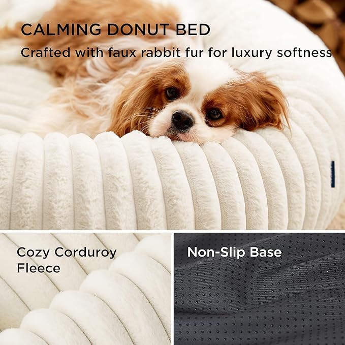 Bedsure ComfyFleece™ Donut Large Dog Bed - Washable Faux Fur with Corduroy Fleece & Anti Slip Bottom, Round Pet Bed with Removable Cover, Cream, 36x36x8 inches