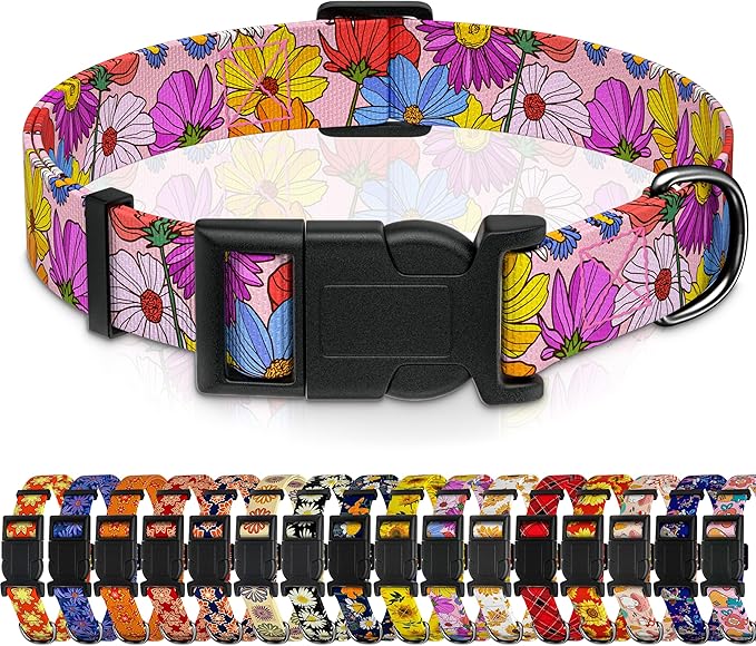 Dog Collar, Pink Floral Boys Girls Puppy Collar for Small Medium Large Dogs, Adjustable Soft Floral Pet Collar with Safety Buckle for Male Females(Pink Floral, L)