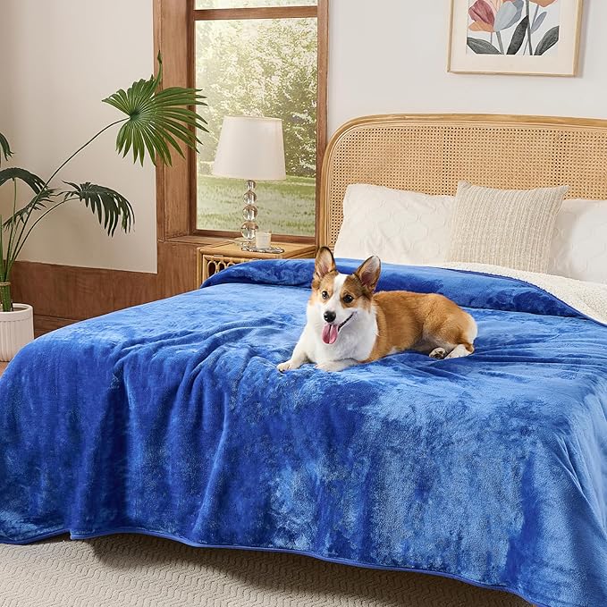 Sunheir Waterproof Blanket for King Size Bed - 108"x86" Soft Reversible Sherpa Fleece Flannel Dog Blankets for Large Dogs, Pet Blanket for Bed, Couch, Soft Plush Furniture Protector, Blue