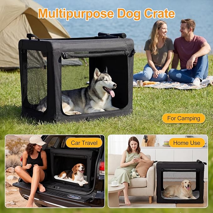 Dog Travel Crate 42 Inch, Portable Soft-Sided Travel Carriers for Dogs and Cats, Foldable Pet Kennel with 3-Doors Mesh Windows Indoor & Outdoor, Black