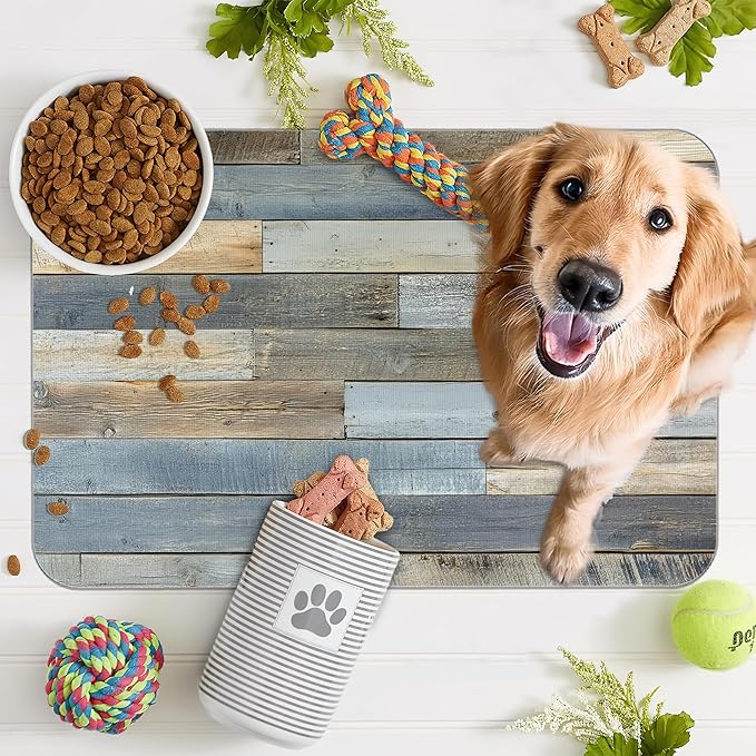 Vintage Barn Wooden Dog Cat Food Mat,Rustic Wood GrainAbsorbent Pet Feeding Mat for Food and Water,Non-Slip Dog Bowl Mats Floor Protector 16"x24"