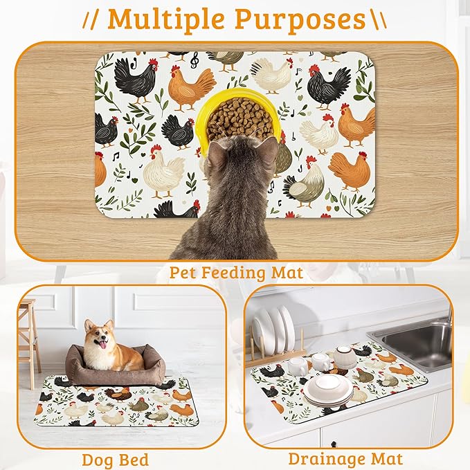 Dog Bowl Mat,Chickens Roosters Pet Feeding Mat for Floors Waterproof,Plants Leaf Absorbent Dogs Placemat for Food and Water Quick Dry Pet Cat Feeding Mats with Non Slip Bottom 12" x 20"