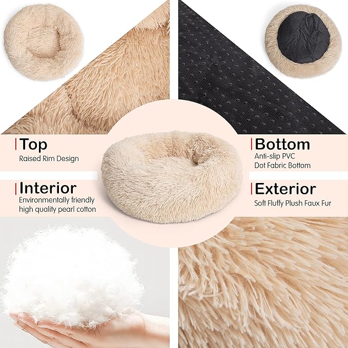 Calming Dog Bed for Medium Dogs Washable Donut 30 inches Anti-Slip Pet Bed,Round Fluffy Plush Faux Fur Cat Bed,Fits up to 45 lbs Pets,Beige