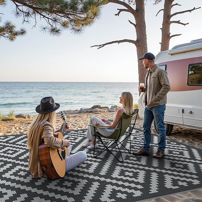 GENIMO Outdoor Rugs 8x10 Waterproof, Reversible Mats, Area Plastic Straw Rug, Outside Carpet, Geometric Rv Mat for Patio Camping Rv Picnic Backyard Deck Balcony Porch Beach Trailer (Black & Grey)