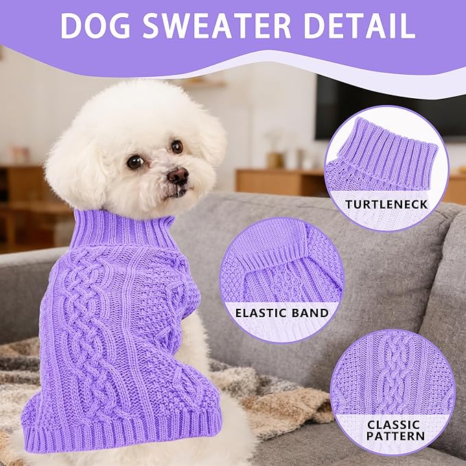 Dog Sweaters Small Dog Clothes Winter Turtleneck Puppy Sweater Warm Pet Cat Sweater Doggy Pullover Outfit with Twisted Design XS~XL(Purple, X-Large)