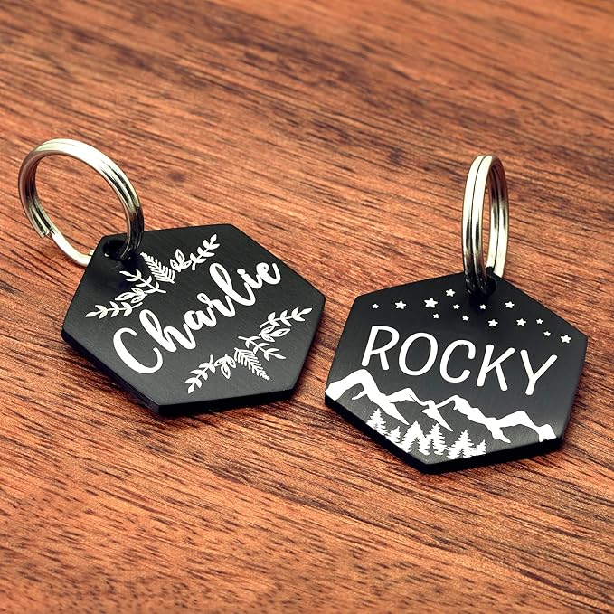 Ultra Joys Stainless Steel Pet ID Tag Dog Name Tags Personalized Front and Back Engraving, Customized Dog Tags and Cat Tags, Optional Engraved on Both Sides, Hexagon Tag with Mountain Design, Small