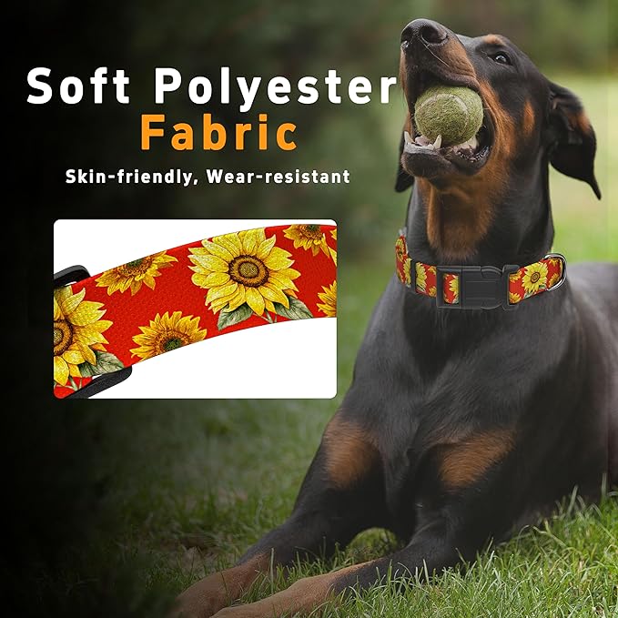 Dog Collar, Floral Boys Girls Puppy Collar for Small Medium Large Dogs, Adjustable Soft Pet Collar with Safety Buckle for Male Females (Red Sunflower, L)