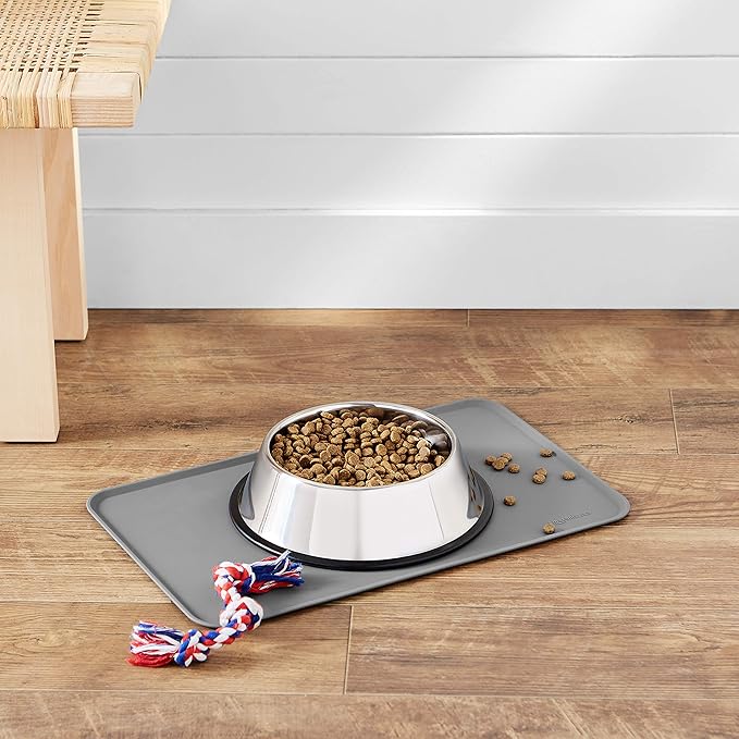 Amazon Basics Waterproof Non-Slip Silicone Pet Feeding Mat with Raised Edges, Prevents Spills, Easy to Clean, Protects Floors for Cat & Dog Food and Water Bowls, 18.5 x 11.5 Inches, Gray