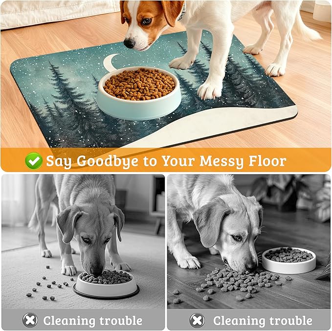 Pet Feeding Mat,Abstract Forest Absorbent Dog Cat Food Mat Moon Dog Mat with Rubber Backing,Non-Slip Water Bowl Placemat,Pet Supplies 16" x 24"