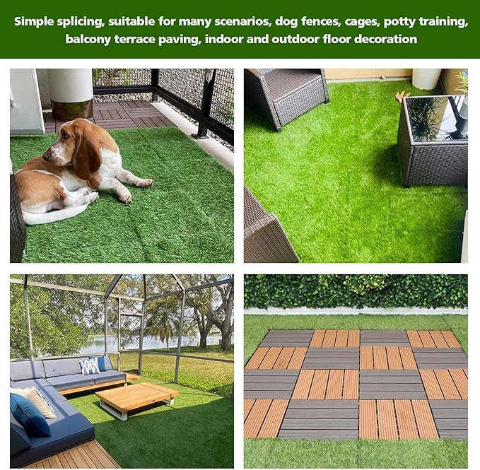 XLX TURF Interlocking Fake Grass Tiles for Dogs Potty - Pets Friendly Artificial Grass for Dog Kennel Outdoor Patio Balcony & Home Decor - 12"x12" 12 Pack